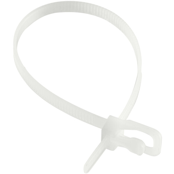 A close-up of a white plastic Retyz cable tie with a clip.