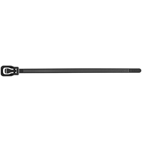 A black cable tie with a metal clasp.