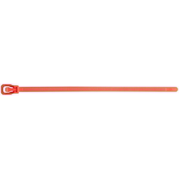 A red plastic Retyz cable tie strap with a metal hook.