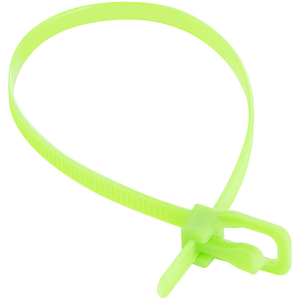 A fluorescent green plastic cable tie.