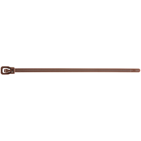 A brown Retyz EveryTie cable tie strap with a metal buckle.