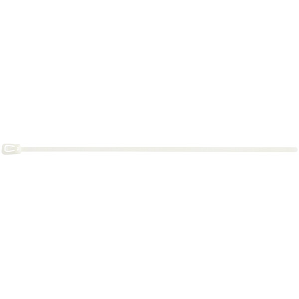 A white plastic cable tie with a handle.