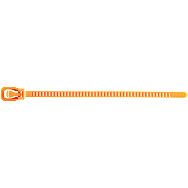 A close up of a Retyz fluorescent orange cable tie strap with a white buckle.