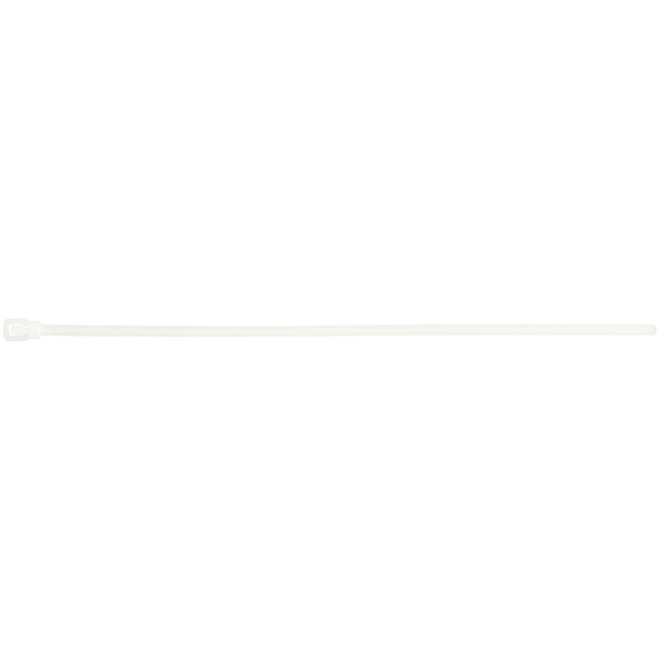 A white plastic cable tie with a black border.