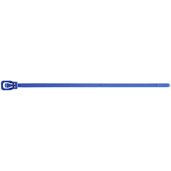 A blue Retyz EveryTie cable tie with a metal zipper.