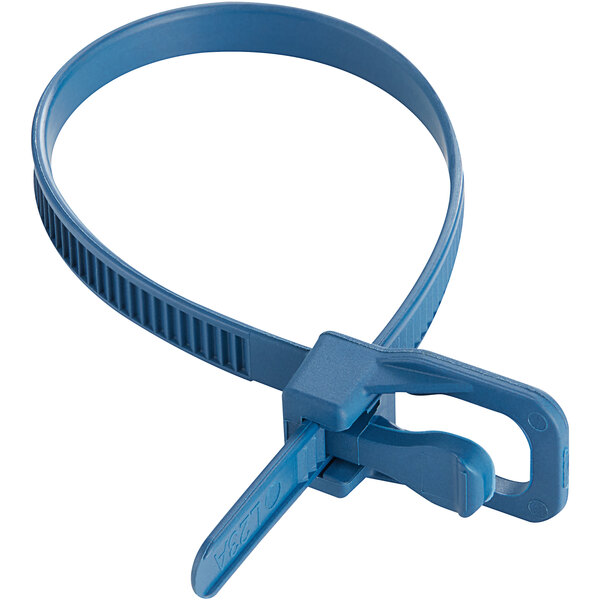 A blue metal detectable plastic cable tie with a blue handle.