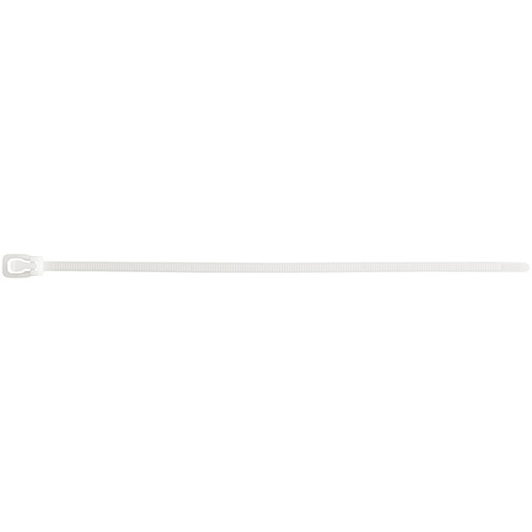 A white plastic zip tie with a handle.