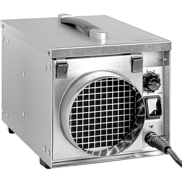 A stainless steel Ecor Pro desiccant dehumidifier with a black cord and round vent.