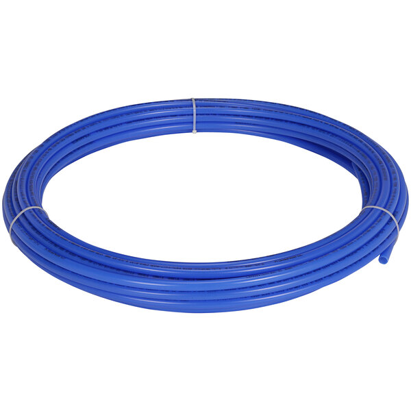 A blue Zurn PEX tubing coil on a white background.