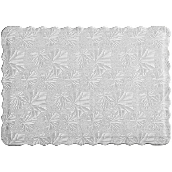 A white rectangular Enjay cake board with a patterned silver design.