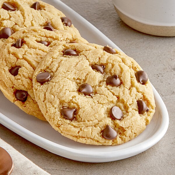 A plate of chocolate chip cookies with Enjoy Life Rice Milk Chocolate Chips.