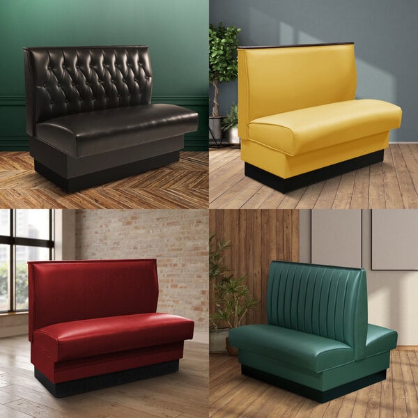 A group of four American Tables & Seating custom booths in different colors.