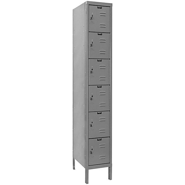 A gray Hallowell metal box locker with six compartments.