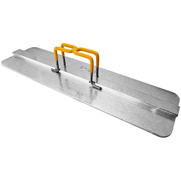 A metal Prince Castle meat press with yellow handles.