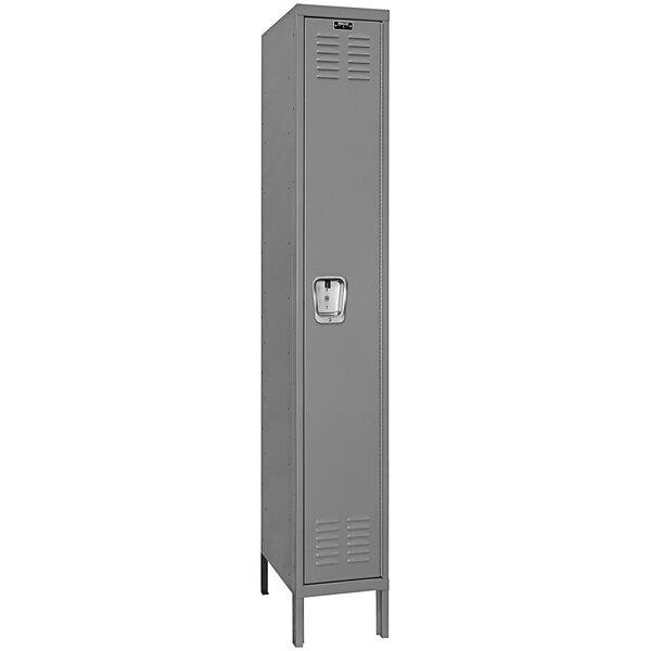 A gray metal Hallowell single tier locker with a recessed silver handle.
