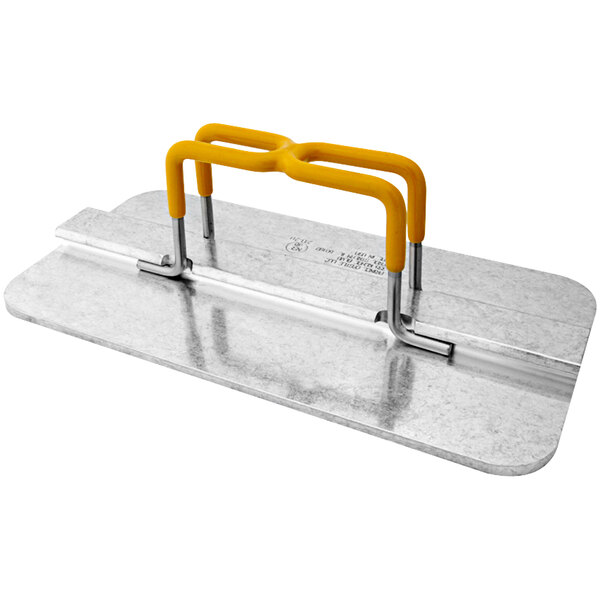 A Prince Castle meat press with two yellow metal handles.