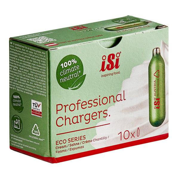 A box of iSi Eco Series Professional N20 chargers with a green and red design.