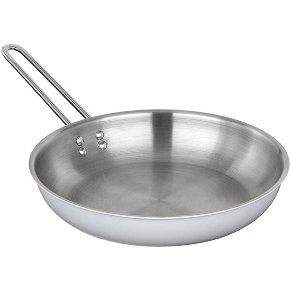 A Bon Chef stainless steel frying pan with a handle on a white background.