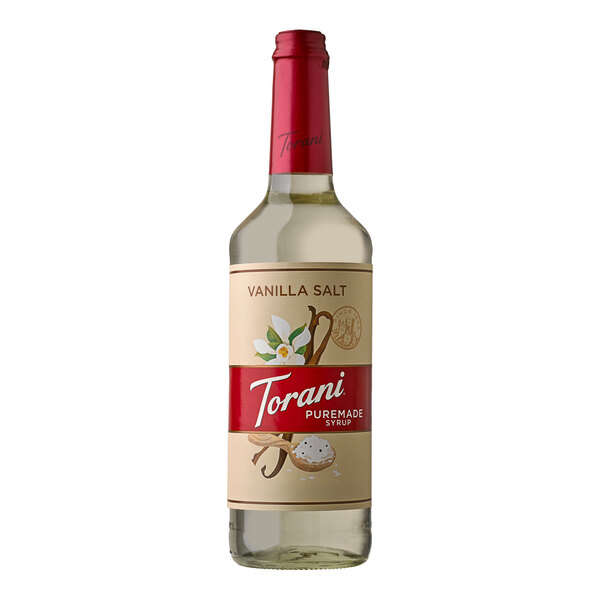 A Torani Puremade Vanilla Salt flavoring syrup bottle with a white label.