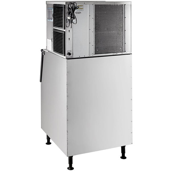 An Avantco air cooled ice machine with a white base and a large rectangular ice bin on top.