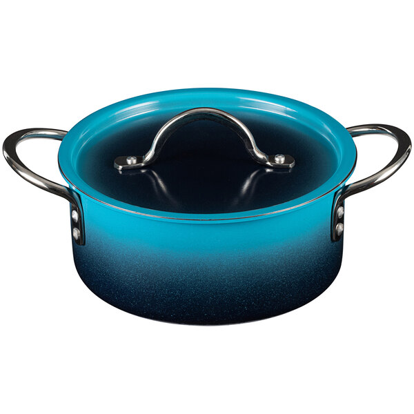 A blue and black Bon Chef Country French sauce pot with a lid.