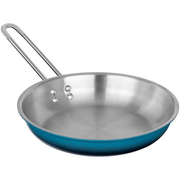 A Bon Chef stainless steel frying pan with ombre blue handles.