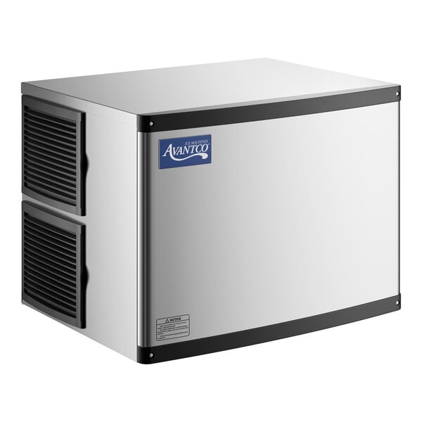 A stainless steel rectangular appliance with black vent panels on the side and a blue Avantco label on the front.