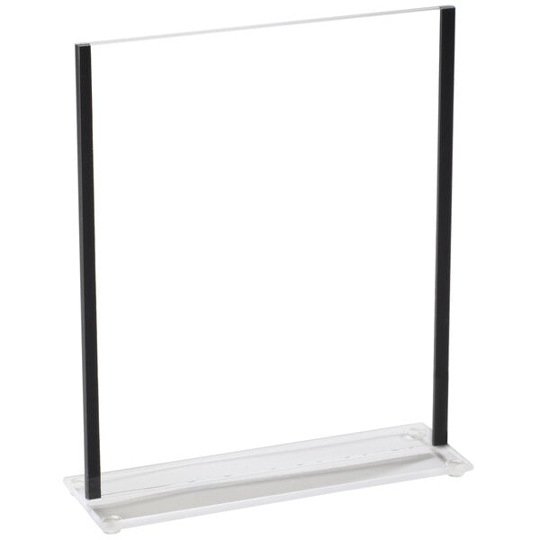 A clear plastic frame with black poles holding a white rectangular display.