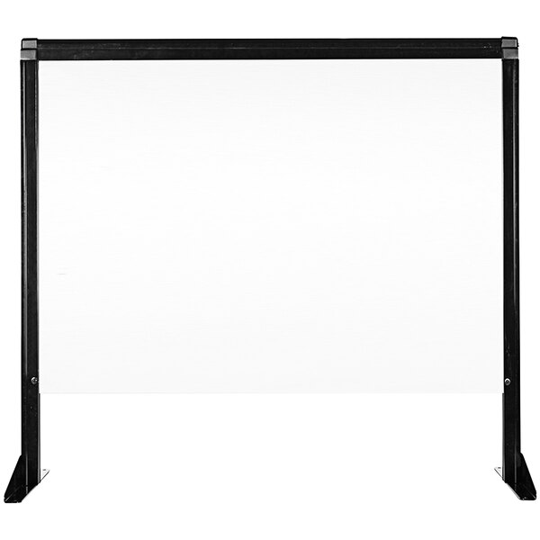 A clear rectangular Versare countertop shield with black metal poles.
