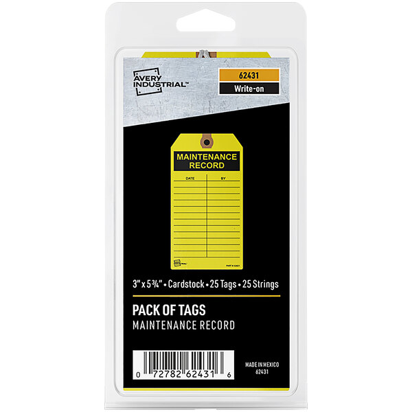 A package of 25 yellow Avery Maintenance Record tag cards.
