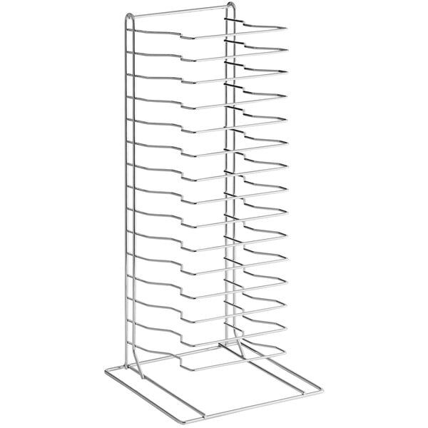 A metal rack with 15 curved shelves.