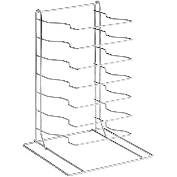 A metal rack with seven metal shelves for pizza pans.