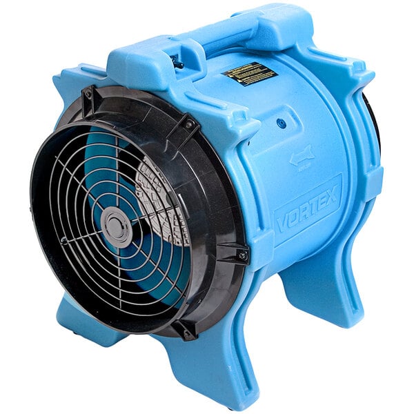 A blue Dri-Eaz Vortex axial air mover with a black fan.