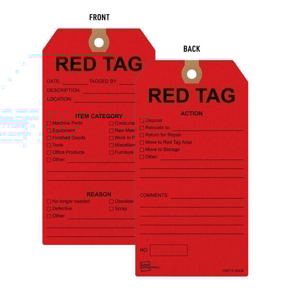 A package of 25 red cardstock Avery 5S hang tags with black text that says "Red Tag" on them.