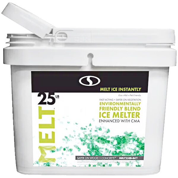 A white plastic bucket of Snow Joe MELT ice melt with a white label.