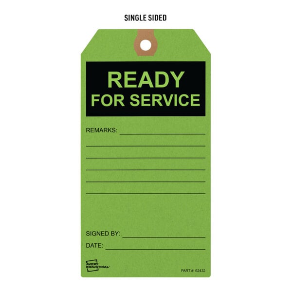 A package of 25 green Avery repair hang tags with the words "Ready for Service" in black.