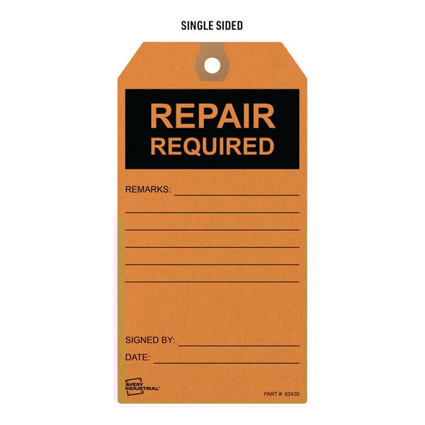 An Avery pack of 25 orange and white pre-printed repair required hang tags.