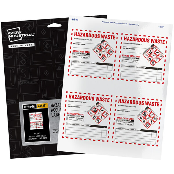 A package of white Avery hazardous waste labels.