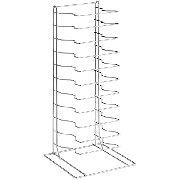 A metal Choice pizza pan rack with 11 empty slots.