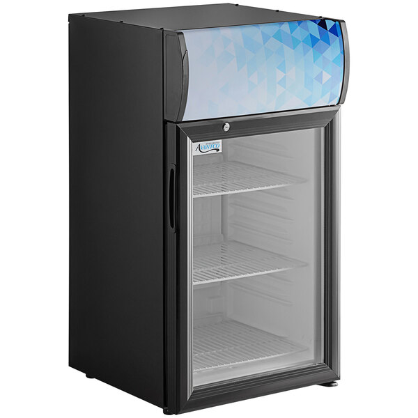 An Avantco black countertop display refrigerator with a glass door.