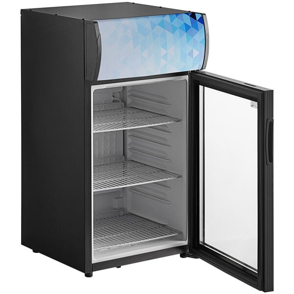 An Avantco black countertop display refrigerator with a glass door open and a shelf inside.