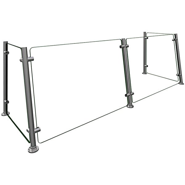 A glass Hatco Flav-R-Shield sneeze guard with metal poles.