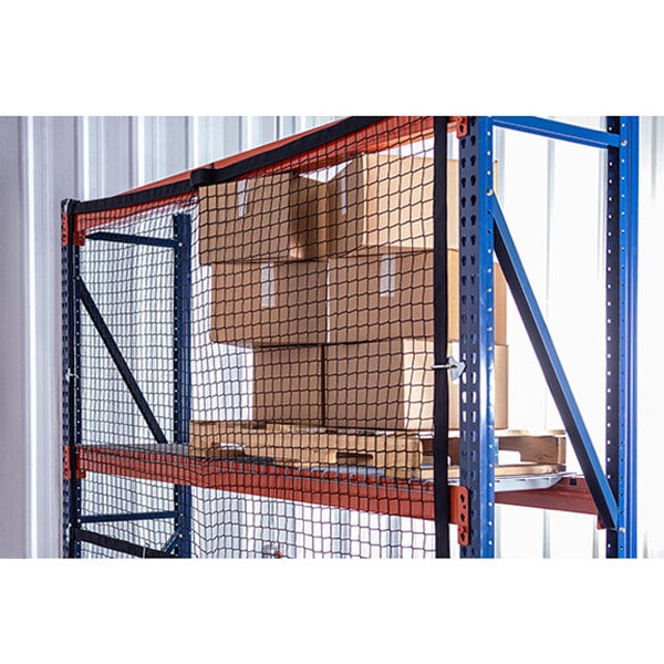 Adrian's Safety Solutions modular pallet rack safety net with J-Hook attachment on a large metal rack with boxes on it.