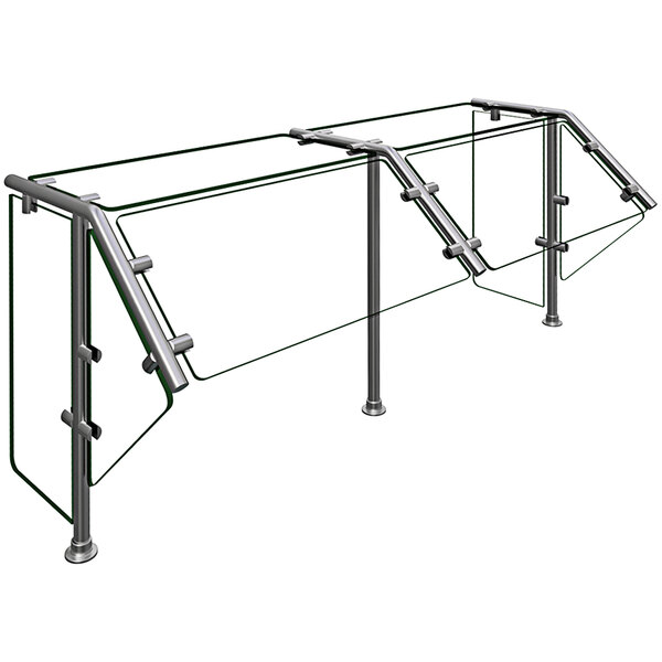 A Hatco self service sneeze guard with glass panels and metal railing.