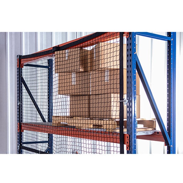 Adrian's Safety Solutions Modular Pallet Rack Safety Net on a large pallet rack with boxes.