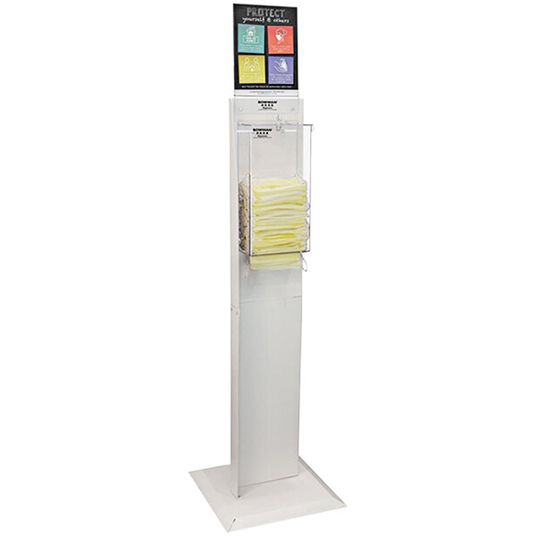 A white BOWMAN face mask dispenser with a yellow sign holder.