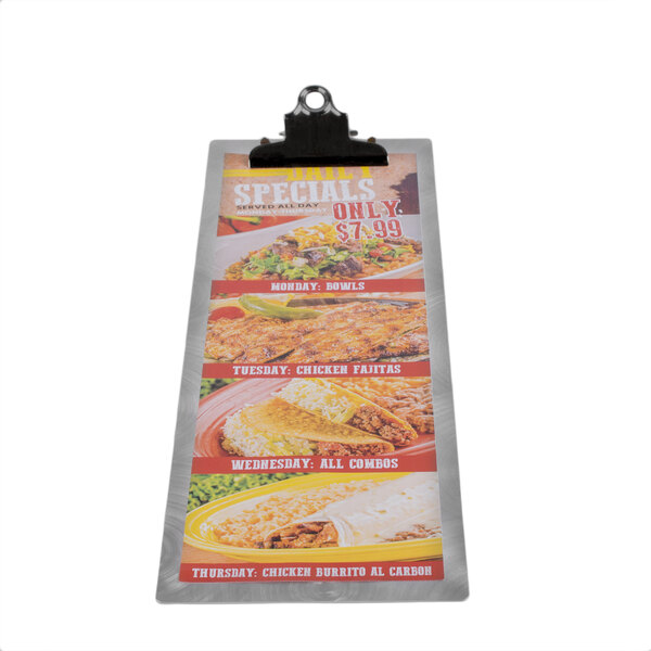 A Menu Solutions Alumitique aluminum clipboard with a menu on it.