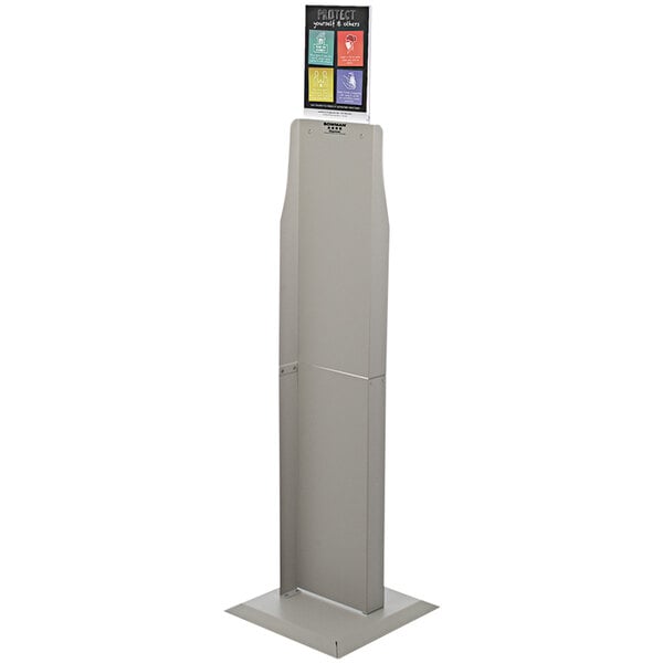 A grey rectangular BOWMAN dual-sided floor stand with a vertical sign holder holding a sign.