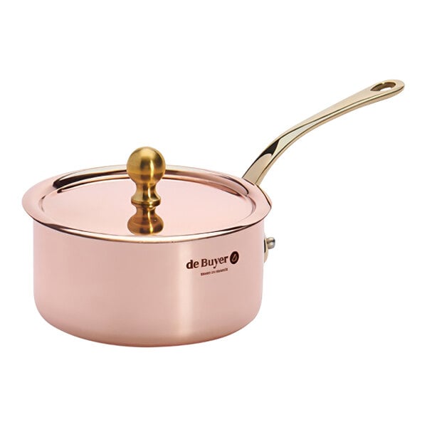 A de Buyer copper saucepan with a lid and handle.
