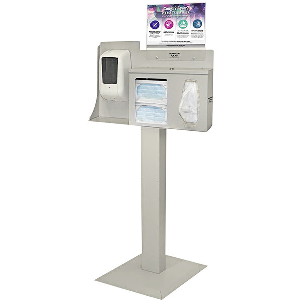 A BOWMAN beige steel compliance kit with a horizontal sign holder and paper dispenser for masks and tissues.